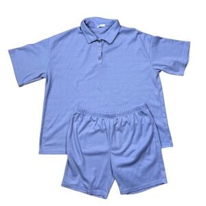 Ekouaer Women's Waffle‎ Knit 2 Piece Lounge Set Polo Shirt Shorts Dusty Blue XL